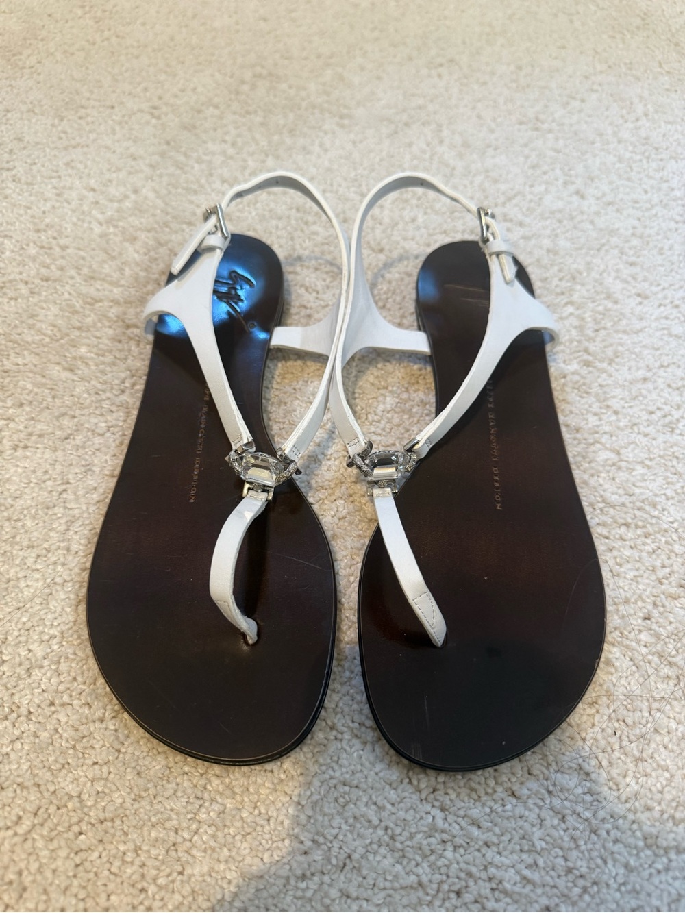Giuseppe Zanotti White Leather T-Strap Crystal Sandals 37.5 fit US7.5